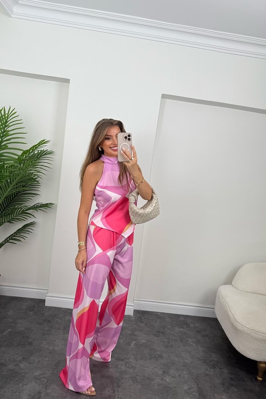 Pucci Desen Lüx Kalite Palazzo Bluz Takım Pembe