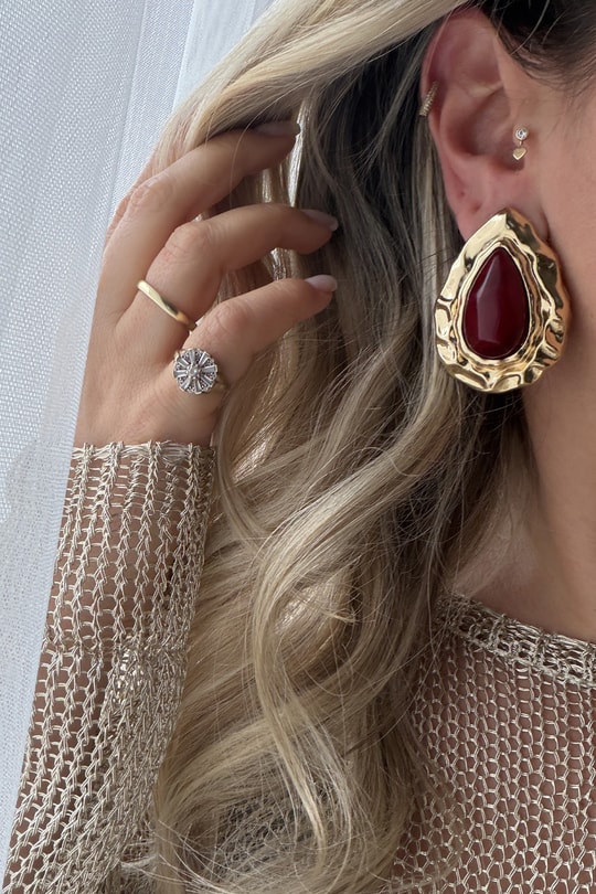 Reçine Detay Gold Damla Küpe (Bordo)