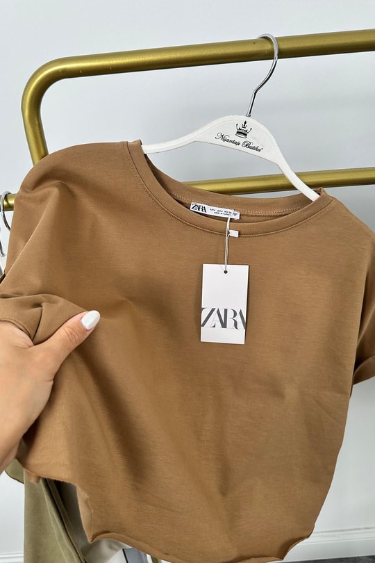 T Kol Özel Kumaş Tam Pamuklu Premium Basic Tshirt Camel
