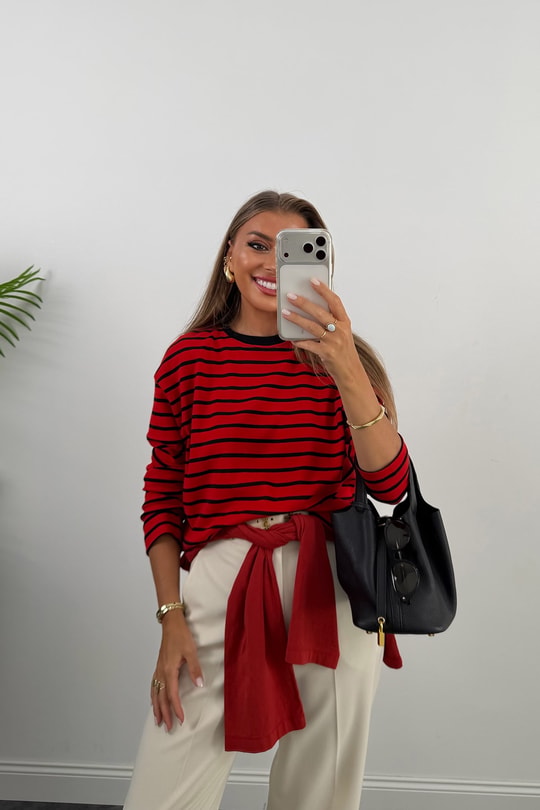 Tam Pamuklu Çizgili Basic Sweat Kırmızı Siyah