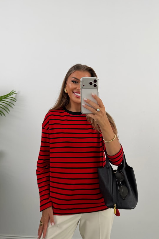 Tam Pamuklu Çizgili Basic Sweat Kırmızı Siyah