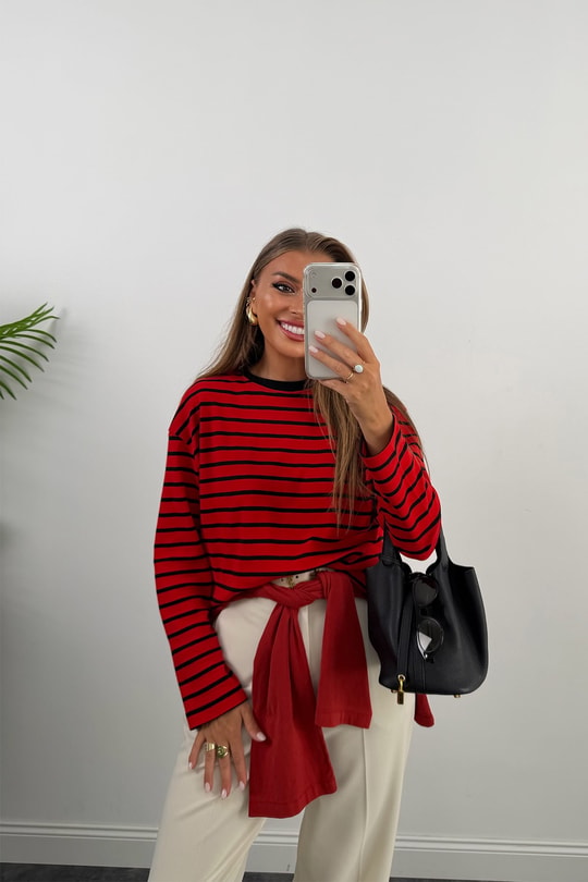 Tam Pamuklu Çizgili Basic Sweat Kırmızı Siyah