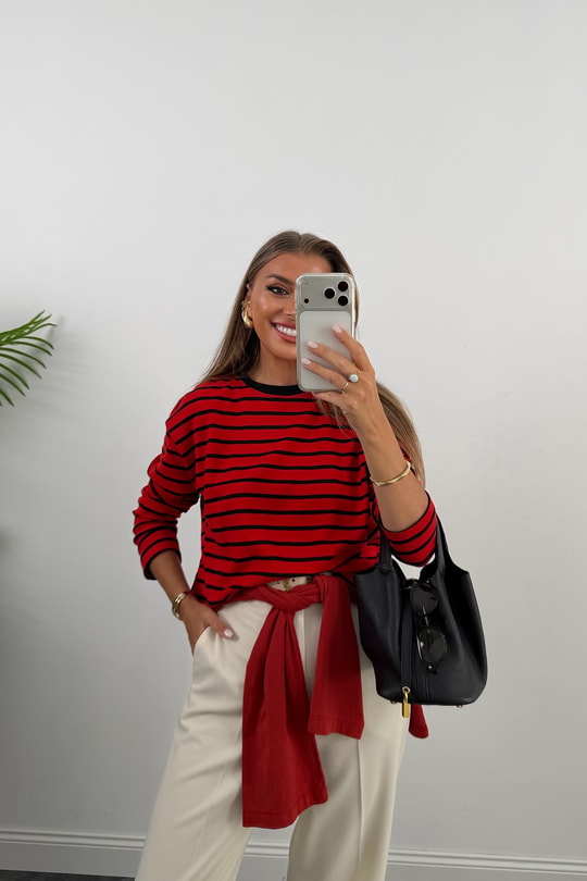 Tam Pamuklu Çizgili Basic Sweat Kırmızı Siyah