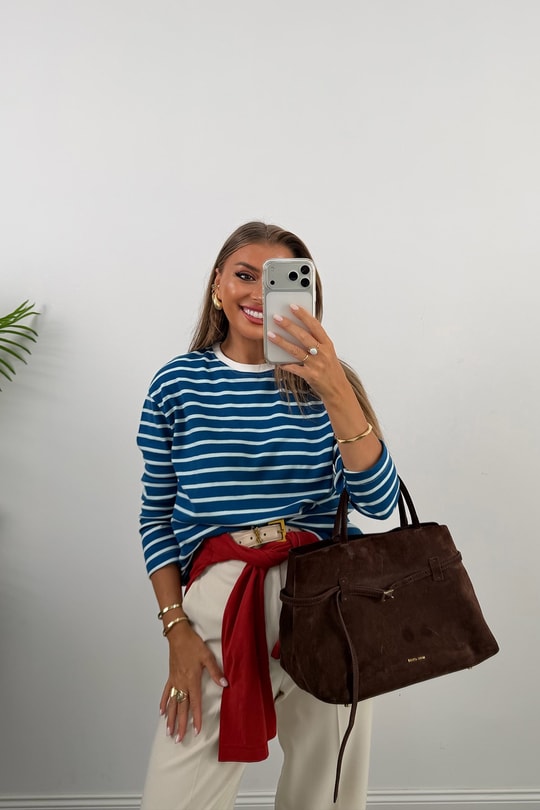 Tam Pamuklu Çizgili Basic Sweat Mavi Ekru