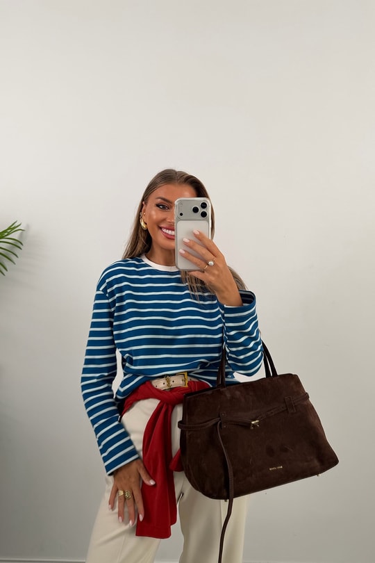 Tam Pamuklu Çizgili Basic Sweat Mavi Ekru