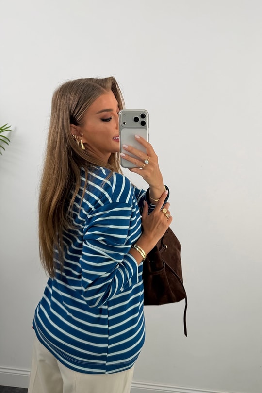 Tam Pamuklu Çizgili Basic Sweat Mavi Ekru
