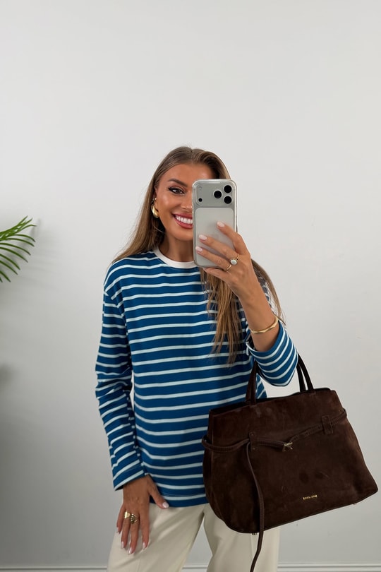 Tam Pamuklu Çizgili Basic Sweat Mavi Ekru