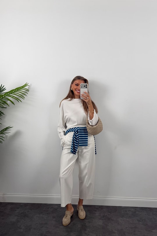 Tam Pamuklu Geniş Kol Basic Sweat Ekru