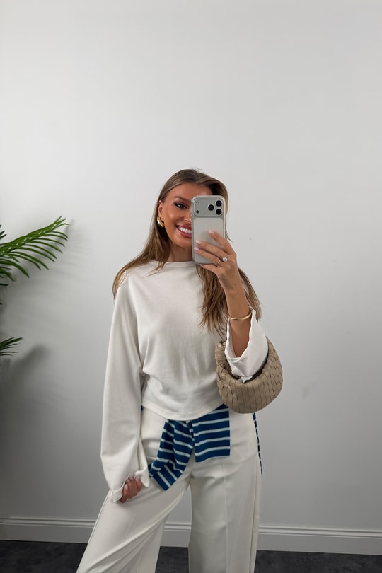Tam Pamuklu Geniş Kol Basic Sweat Ekru
