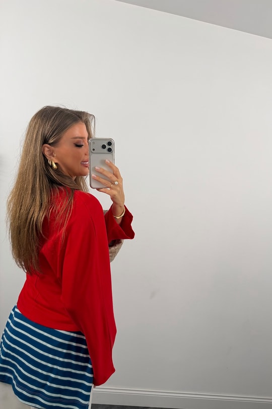 Tam Pamuklu Geniş Kol Basic Sweat Kırmızı