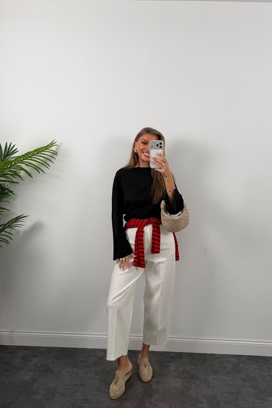 Tam Pamuklu Geniş Kol Basic Sweat Siyah
