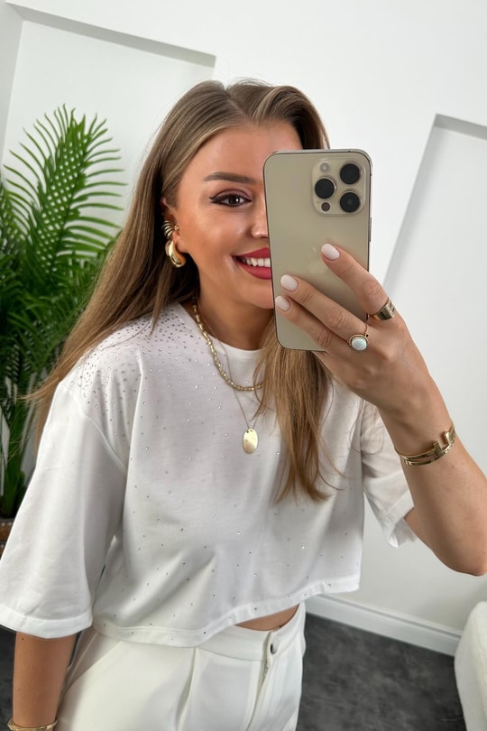Üstü Serpme Taşlı Kısa Basic Tshirt Beyaz