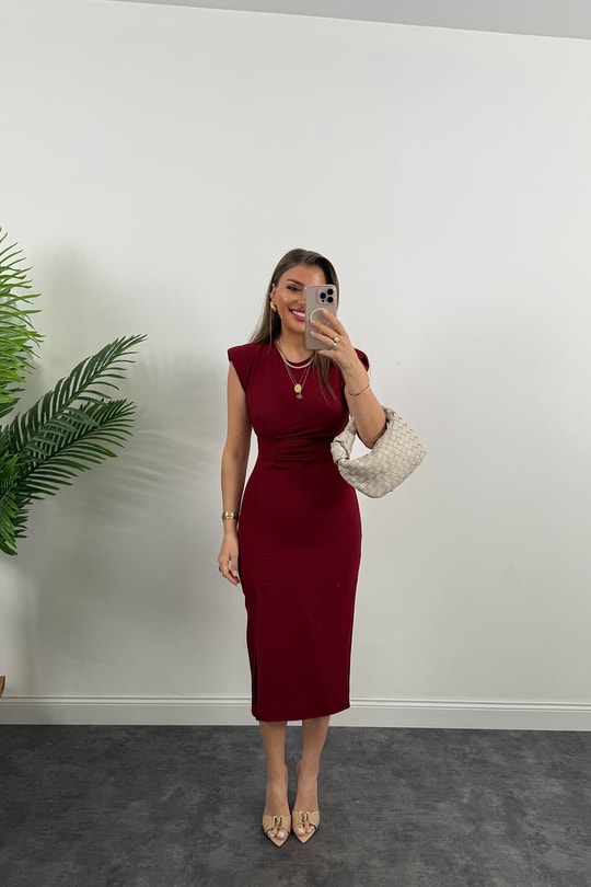 Vatkalı Drapeli Atlas Kumaş Midi Boy Yırtmaçlı Elbise Bordo