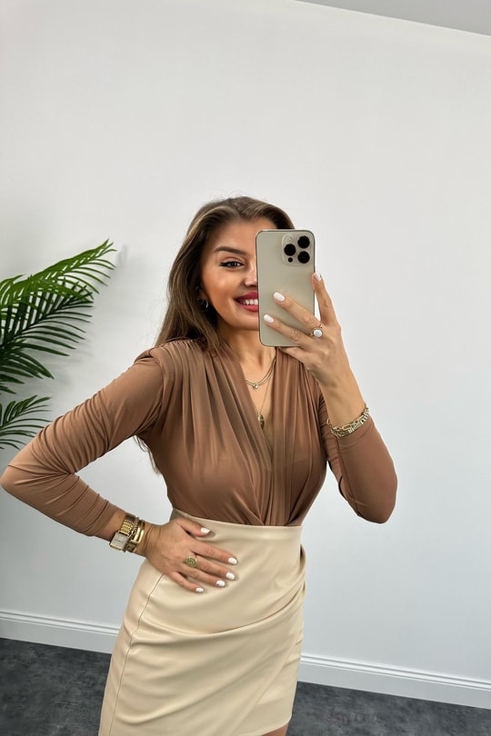 Vatkalı Likralı Bodysuit Camel