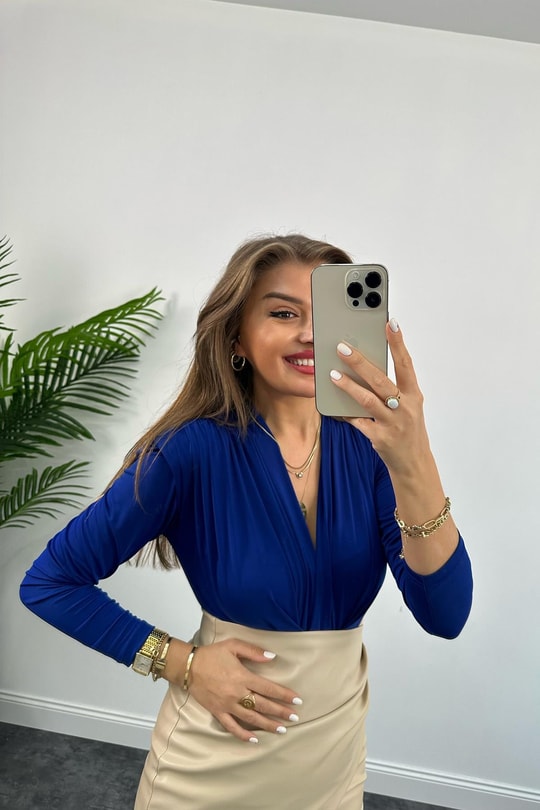 Vatkalı Likralı Bodysuit Sax Mavi