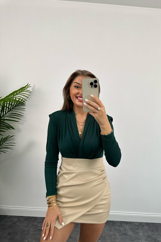 Vatkalı Likralı Bodysuit Zümrüt Yeşili
