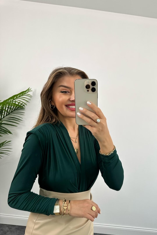 Vatkalı Likralı Bodysuit Zümrüt Yeşili