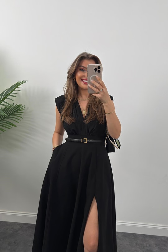 Vatkalı Likralı Sıfır Kol Drapeli Bodysuit Siyah