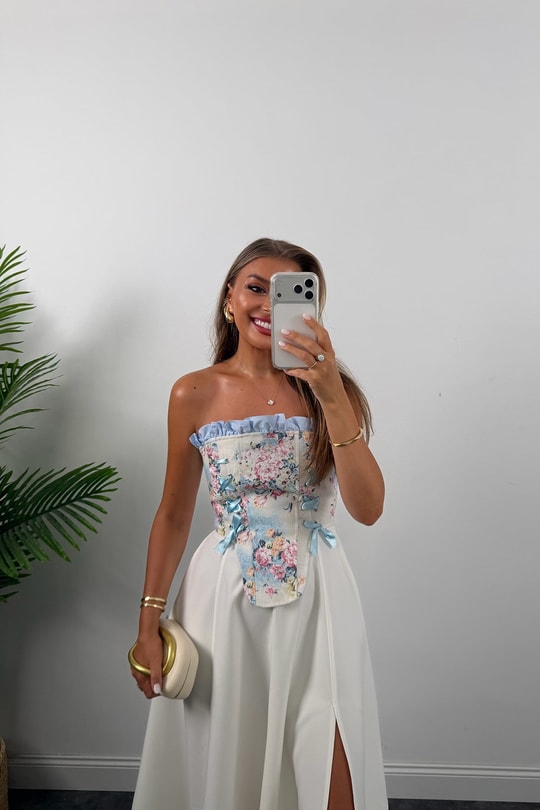 Victoria Tasarım Korse Bluz Mavi Çiçekli