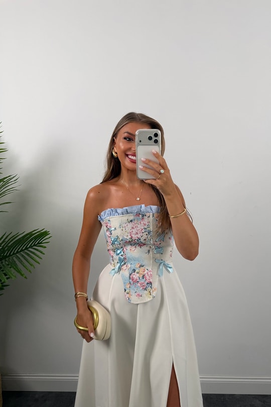 Victoria Tasarım Korse Bluz Mavi Çiçekli