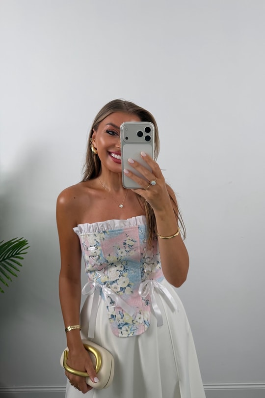 Victoria Tasarım Korse Bluz Pembe Çiçekli