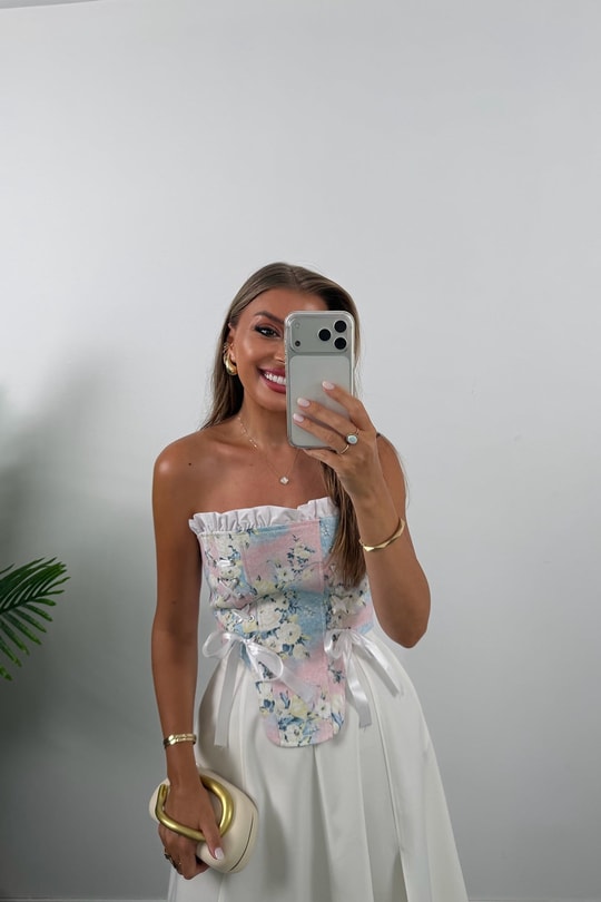Victoria Tasarım Korse Bluz Pembe Çiçekli