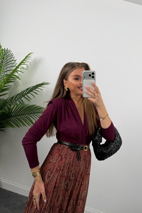 Zra Model Asimetrik Maxi Şifon Etek Bordo Şal Desenli