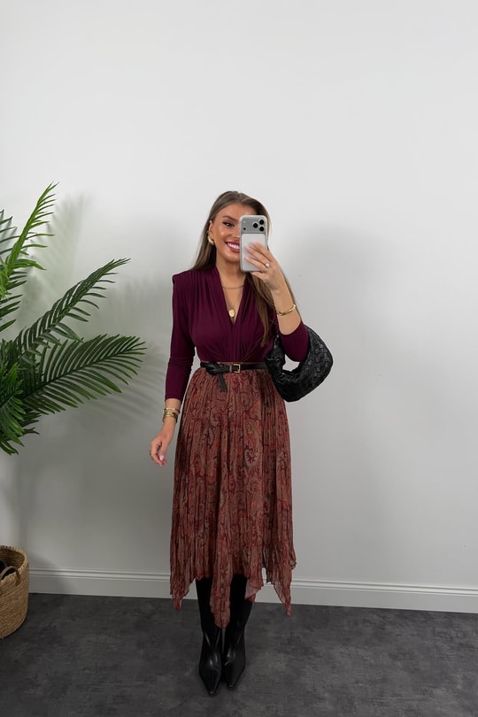 Zra Model Asimetrik Maxi Şifon Etek Bordo Şal Desenli