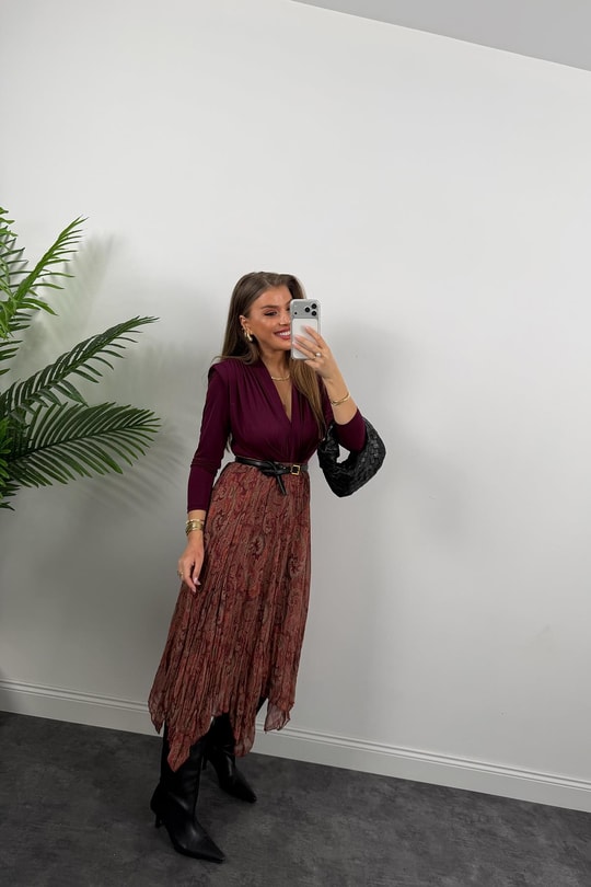 Zra Model Asimetrik Maxi Şifon Etek Bordo Şal Desenli