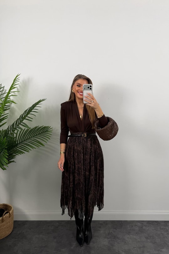 Zra Model Asimetrik Maxi Şifon Etek Kahve Siyah Desenli