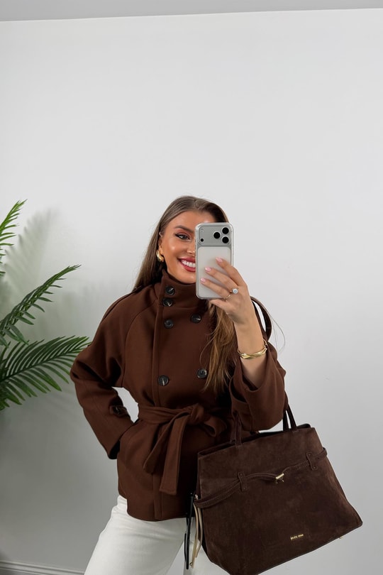 Zra Model Dik Yaka Apoletli Kısa Kaşe Kaban Acı Kahve