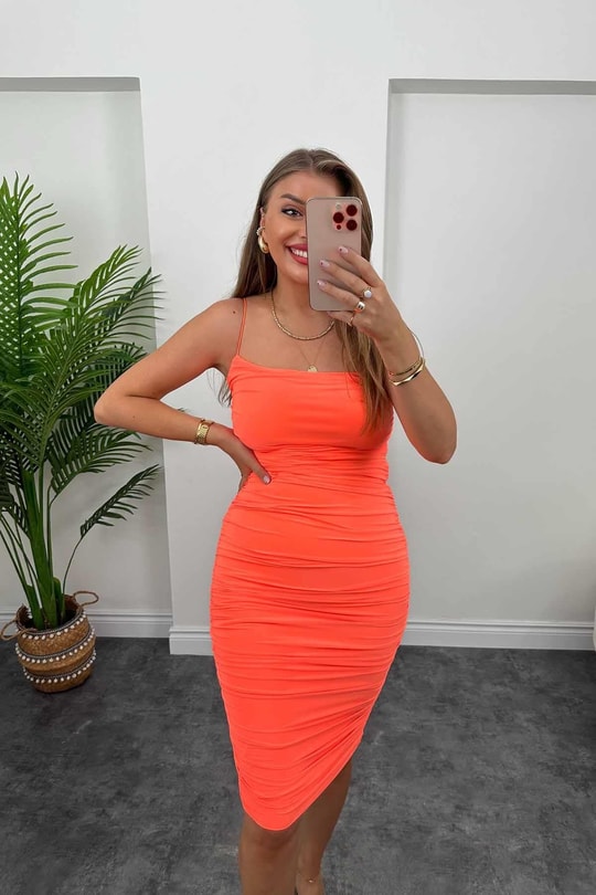 Zra Model Drapeli Likralı Kalem Elbise Neon