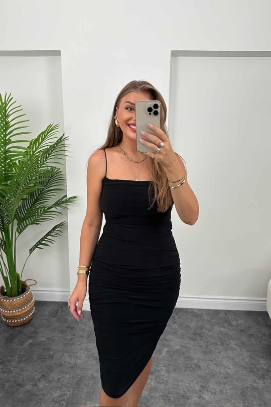 Zra Model Drapeli Likralı Kalem Elbise Siyah 
