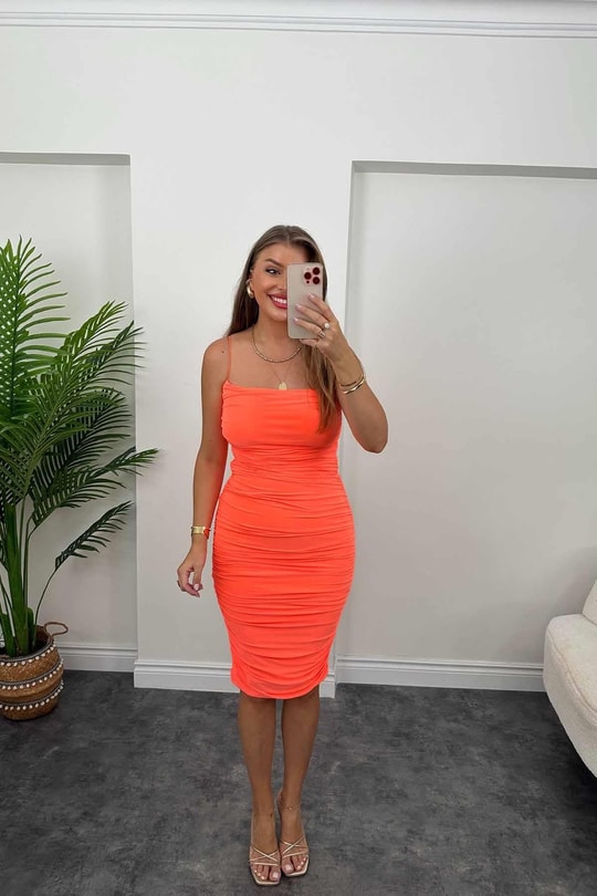 Zra Model Drapeli Likralı Kalem Elbise Neon
