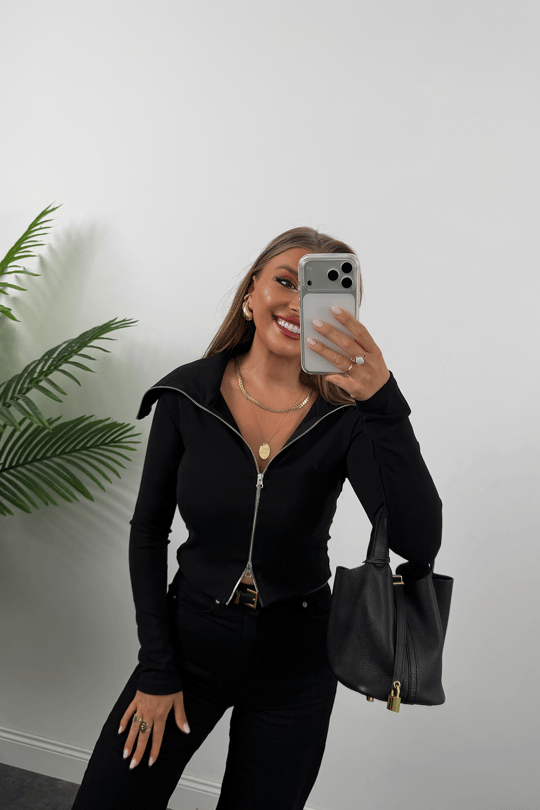 Zra Model Fermuarlı Likralı Geniş Yaka Basic Bluz Siyah