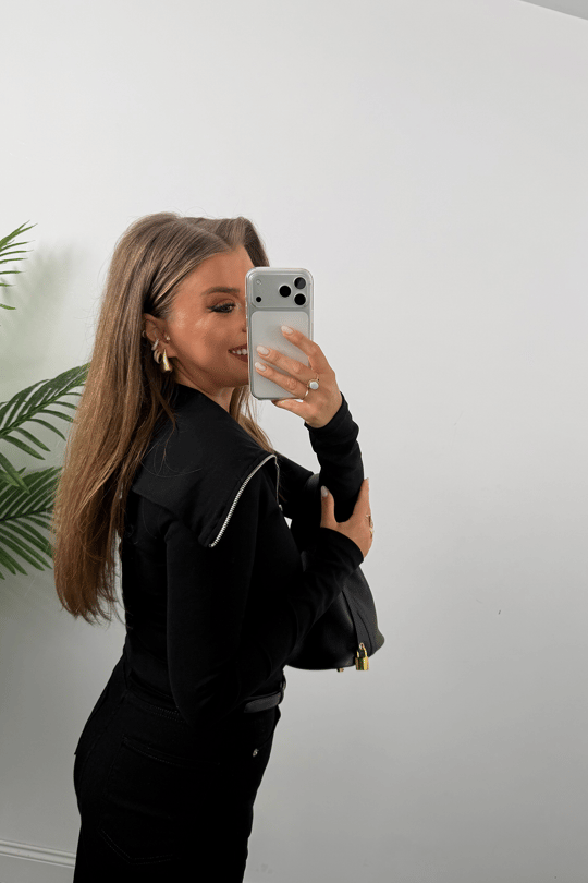 Zra Model Fermuarlı Likralı Geniş Yaka Basic Bluz Siyah