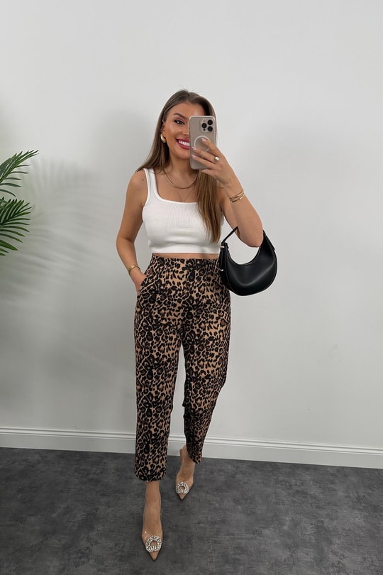 Zra Model Flatolu Leopar Desen Kumaş Pantolon