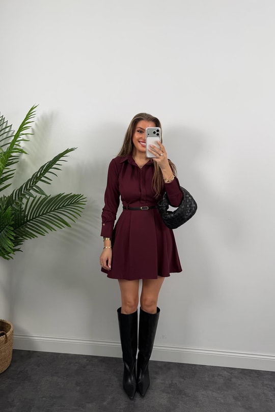 Zra Model Kemerli Kloş Gömlek Elbise Bordo
