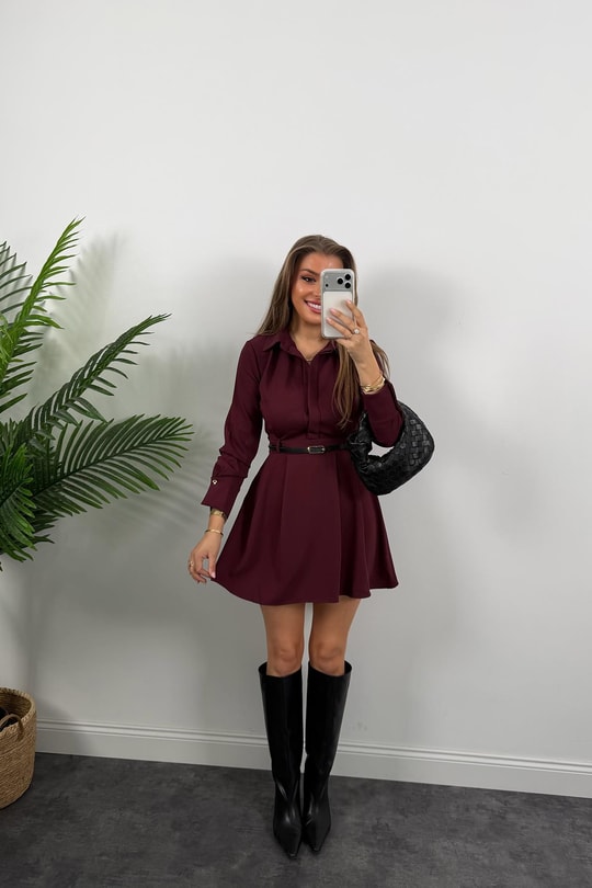 Zra Model Kemerli Kloş Gömlek Elbise Bordo