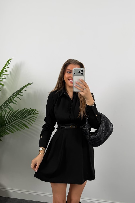 Zra Model Kemerli Kloş Gömlek Elbise Siyah