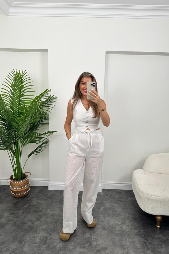 Zra Model Keten Yelek Palazzo Takım