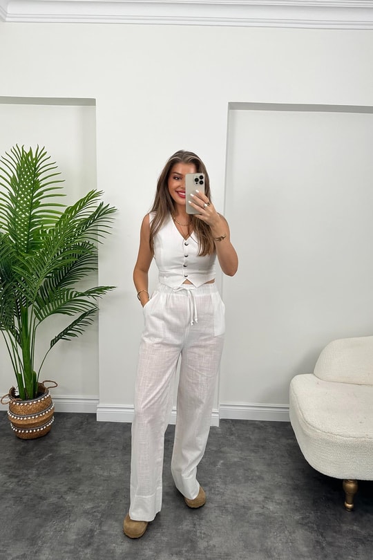 Zra Model Keten Yelek Palazzo Takım