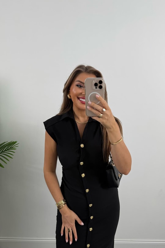 Zra Model Likralı Drapeli Midi Boy Gold Düğme Elbise Siyah