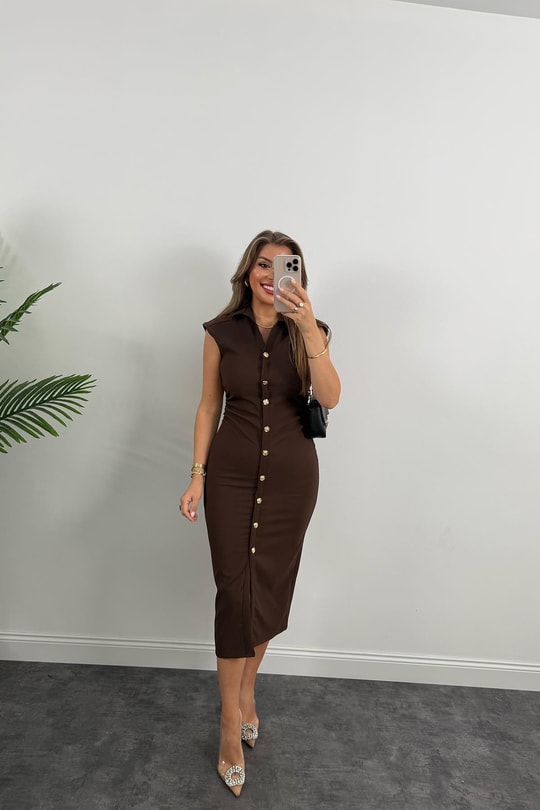 Zra Model Likralı Drapeli Midi Boy Gold Düğme Elbise Kahverengi