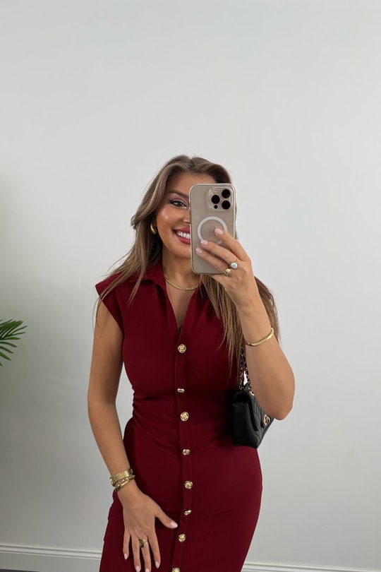 Zra Model Likralı Drapeli Midi Boy Gold Düğme Elbise Bordo
