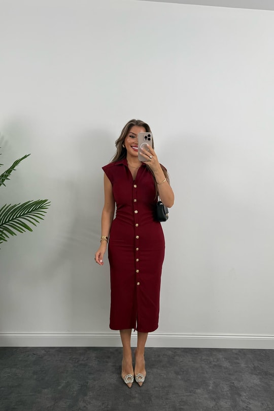 Zra Model Likralı Drapeli Midi Boy Gold Düğme Elbise Bordo