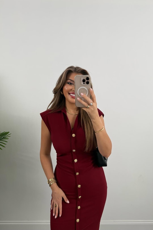 Zra Model Likralı Drapeli Midi Boy Gold Düğme Elbise Bordo