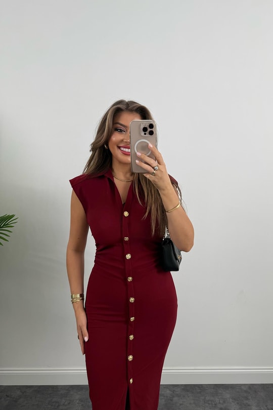 Zra Model Likralı Drapeli Midi Boy Gold Düğme Elbise Bordo