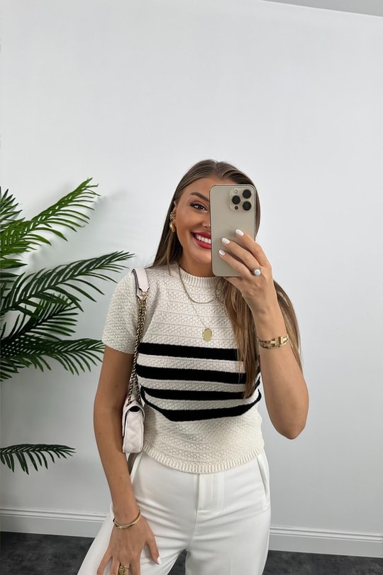 Zra Model Omuzu Düğmeli Çizgili Triko Bluz