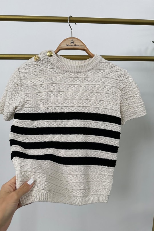 Zra Model Omuzu Düğmeli Çizgili Triko Bluz